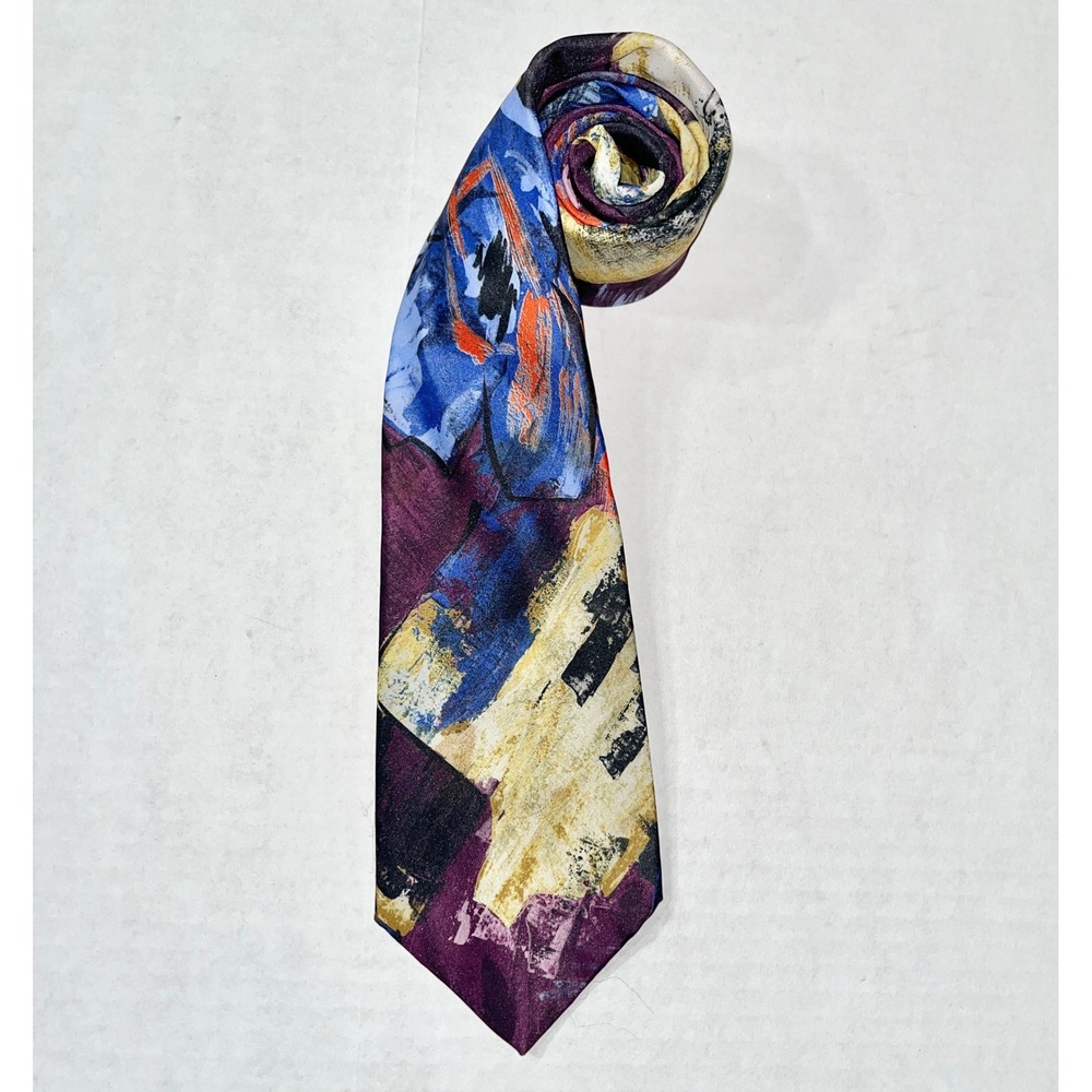 Royal Collection Mens Necktie Abstract Painterly Silk Look Purple Blue Orange